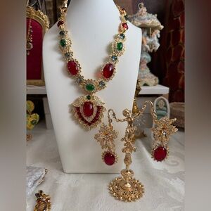 Kenneth Jay lane KJL signed RARE Red & Green Statement Necklace and Earring Set
